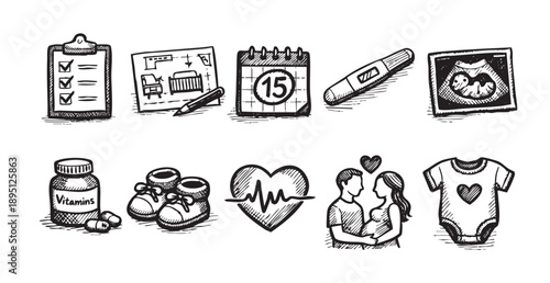 Hand-drawn pregnancy icons: checklist, ultrasound, vitamins, couple and more convey the journey of expecting a baby with love and anticipation.