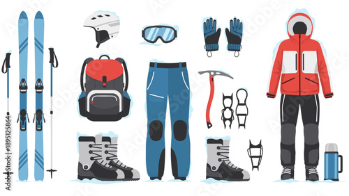 Winter sports gear set with snowboarding and skiing equipment in flat design