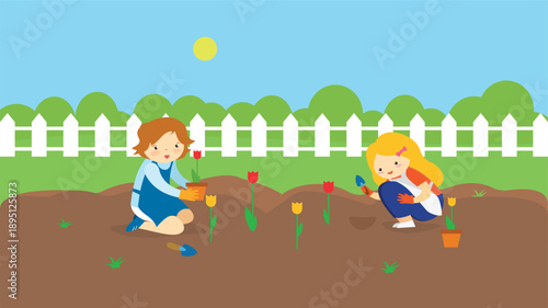 Children planting flowers in the garden. Vector illustration of children planting flowers in the garden.