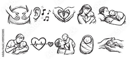 Hand-drawn vector set of pregnancy, motherhood, and newborn icons; great for illustrating family, care, health, and love in a simple and artistic style.