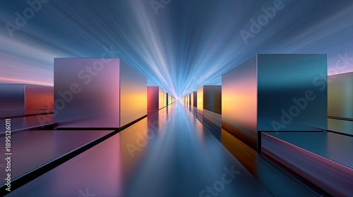 Abstract geometric landscape with reflective cubes and vibrant light trails creating a surreal futuristic environment for artistic backgrounds