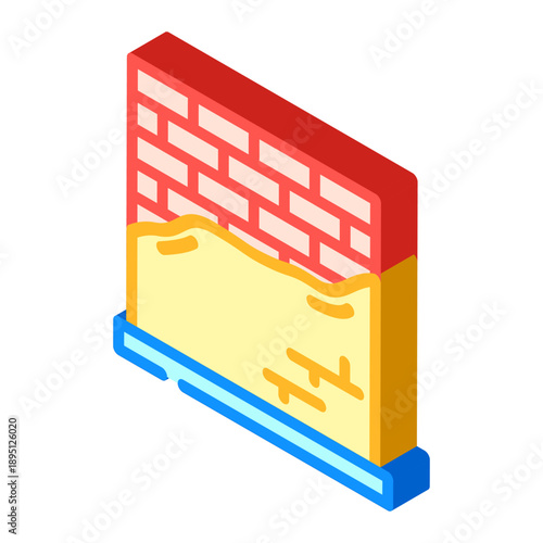 Brick wall with a layer of plaster or stucco material being applied or repaired, illustrating a common construction process or modernization project in an isometric view representation