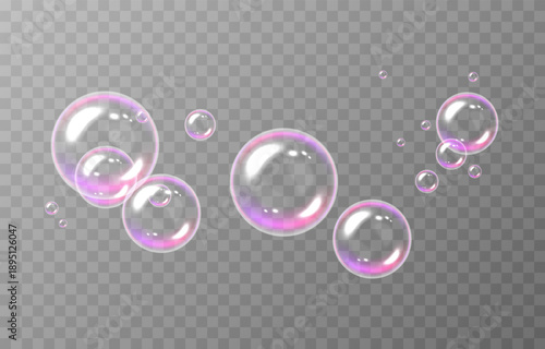 Realistic soap bubbles PNG. Flying soap bubbles on an isolated transparent background. Bubbles from foam or detergent.