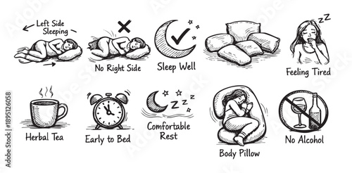 This hand-drawn illustration depicts various tips for achieving good sleep, including sleeping on the left side, herbal tea, and avoiding alcohol.