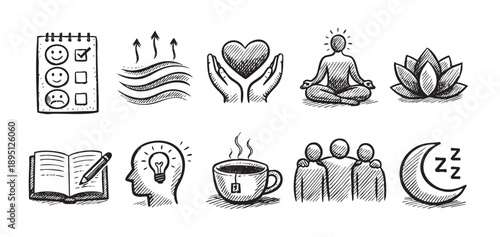 A collection of hand-drawn icons depicting wellness activities such as meditation, sleep, mental clarity, and social connection, set against a clean white background.