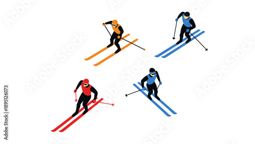 Colorful isometric skiers in action on white background