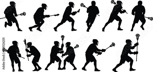 Silhouette set of lacrosse players in action poses, professional field sport movements with sticks, athletic team game illustration isolated on white background