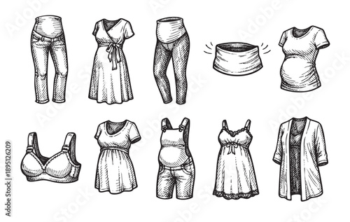 A sketch-style illustration showing a collection of maternity clothing items, including dresses, pants, overalls, and a nursing bra on a white background.