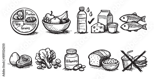 A black and white hand-drawn illustration depicting a healthy eating plate with fruits, vegetables, protein, and grains, along with other healthy food options.