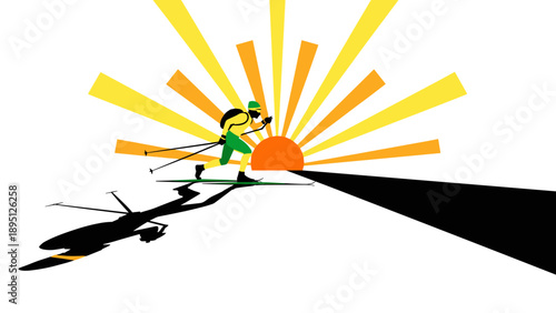 Ski tour at sunrise: vibrant adventure scene with radiant sunburst