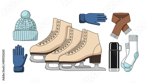 Winter sports gear collection featuring ice skates and accessories in a flat style design