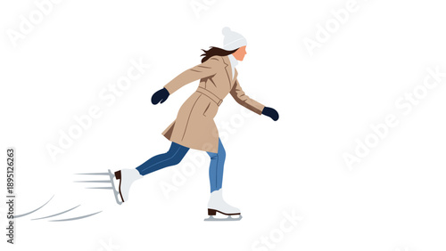 Winter ice skating woman in motion wearing warm clothes and hat