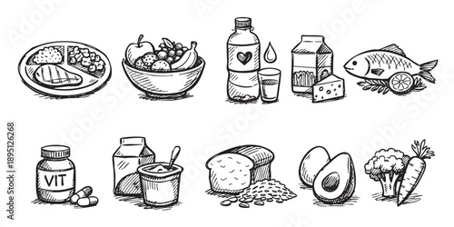 Hand-drawn vector illustration featuring a variety of healthy food items, including protein, fruits, vegetables, vitamins, and dairy, set against a clean white background.