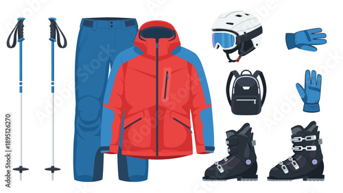 Ski gear essentials: jacket, pants, boots, and accessories in flat design