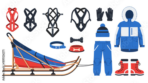 Winter dog sledding gear and equipment in flat design