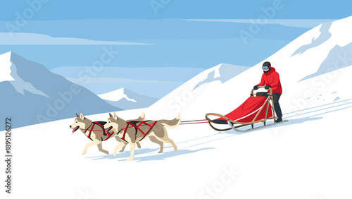 Winter adventure with dog sledding in snowy mountains