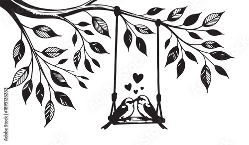 Vector illustration of two kissing birds on a swing hanging from a tree branch with hearts