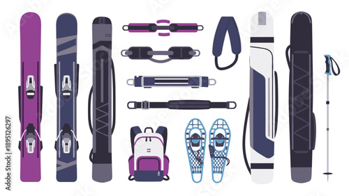 Winter sports equipment collection featuring skis, poles, and accessories