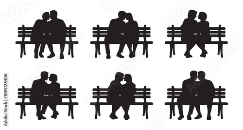 Diverse romantic couples silhouetted on park benches expressing affection and connection