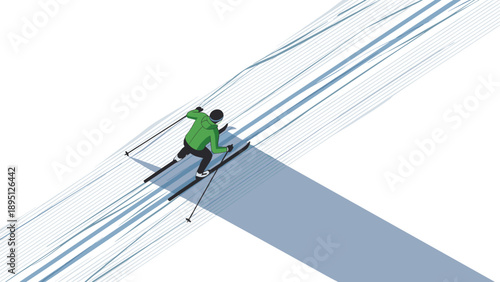 Isometric skiing adventure in minimalist snow landscape