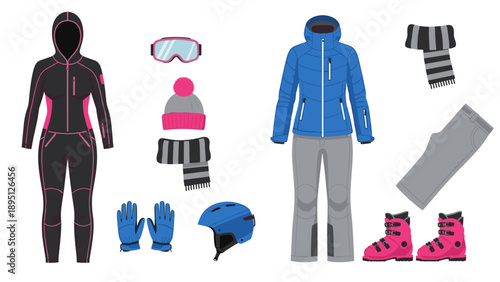 Winter sports outfits with accessories and gear in flat style