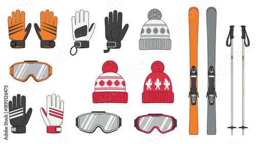 Winter sports gear collection featuring ski equipment and warm accessories