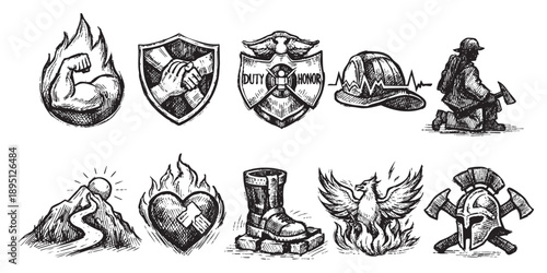 A collection of hand-drawn firefighter and rescue icons on a white background, useful for illustrating emergency services and heroic acts.