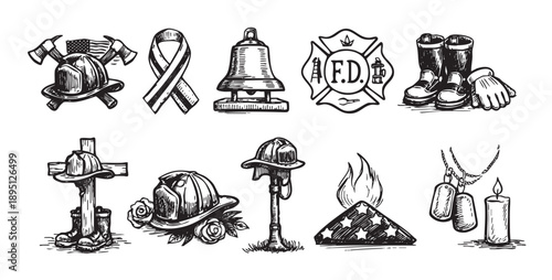 A monochrome sketch-style set of firefighter memorial icons, including hats, boots, Maltese cross, American flag, bell, candle, and dog tags on a white background.