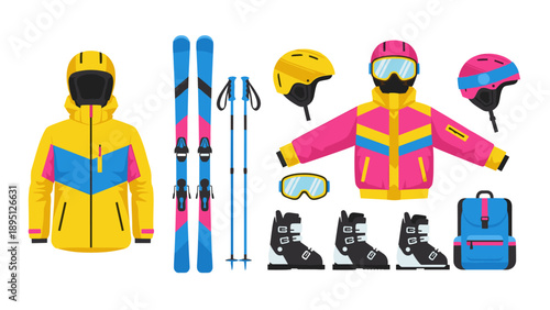 Colorful ski gear set with jackets, helmets, skis, and accessories for winter sports enthusiasts