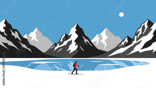 Minimalist winter mountain landscape with cross-country skier by frozen lake