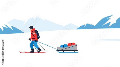 Winter adventure: skiing with sled in snowy mountains