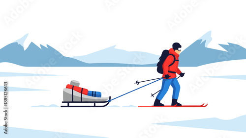 Skier pulling sleigh across snowy mountain landscape in minimalist style