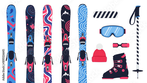 Colorful winter sports gear and accessories featuring bright ski designs and equipment