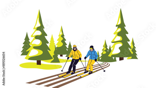 Active friends enjoy cross country skiing through a snowy forest trail