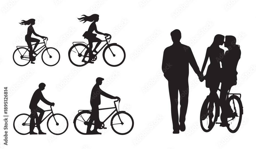 Obraz premium Silhouettes of people on bicycles and a walking couple, isolated vector art of active and romantic moments