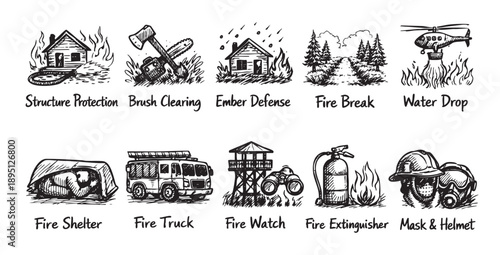 Black and white sketch icons showing wildfire prevention, including structure protection, water drop, shelter, fire watch, extinguishers and truck in vector illustration.