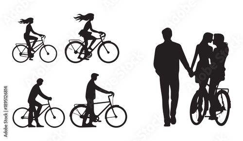 Silhouettes of people on bicycles and a walking couple, isolated vector art of active and romantic moments