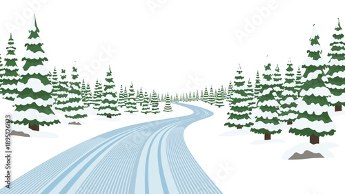 Winter wonderland pathway with snow-covered trees in flat design