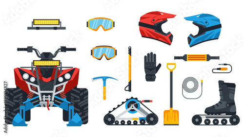Winter adventure equipment set featuring off-road vehicle and safety gear in flat style