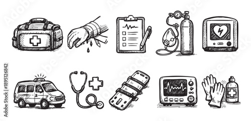 A collection of black and white hand-drawn sketch icons representing various medical emergency items, including an ambulance, first aid kit, and medical equipment.