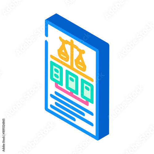Digital legal document displaying scales of justice, three file icons, and text, symbolizing comparative law, legislation, and legal study processes on an isometric interface