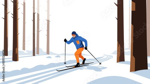 Winter adventure: cross-country skiing in snowy forest