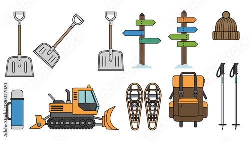 Winter adventure gear with colorful directional signs and outdoor equipment