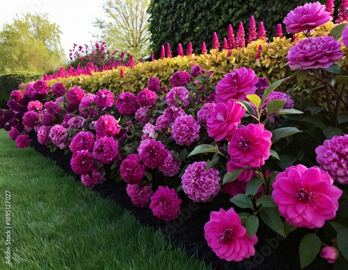 Wallpaper Mural Vibrant Pink Peonies and Roses Garden Bed Along Lush Green Lawn Border Sunlit In Bloom

 Torontodigital.ca