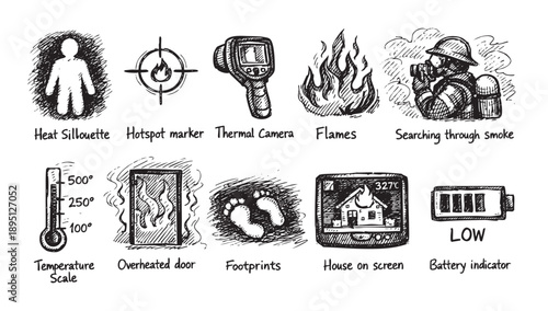 Set of hand-drawn icons depicting firefighting elements, including a heat silhouette, thermal camera, flames, and safety measures for use in design, graphics.