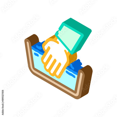Hand pouring liquid soap from a dispenser into a basin with water, illustrating the process of cleaning and maintaining personal hygiene in an isometric graphic style