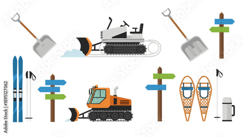 Winter equipment and snow removal elements in flat design
