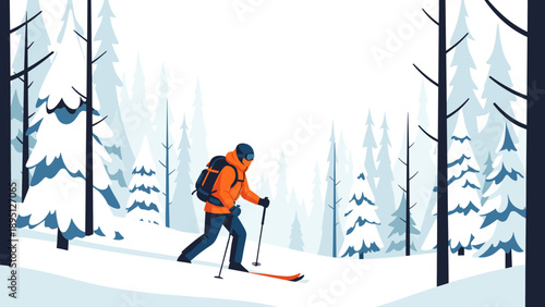 Winter adventure: skier exploring a snowy forest in minimalistic flat design