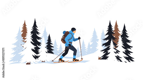 Winter adventure: nordic skiing through pine forests in minimalist style