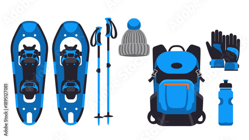Winter hiking gear set with snowshoes, poles, backpack, and accessories